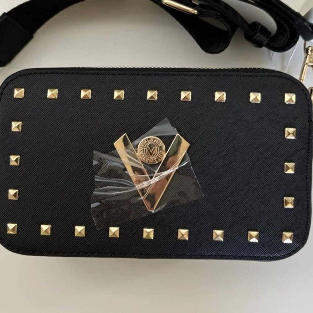 VALENTINO ORLANDI Double Zip Crossbody Camera Bag Gold Studded NWT